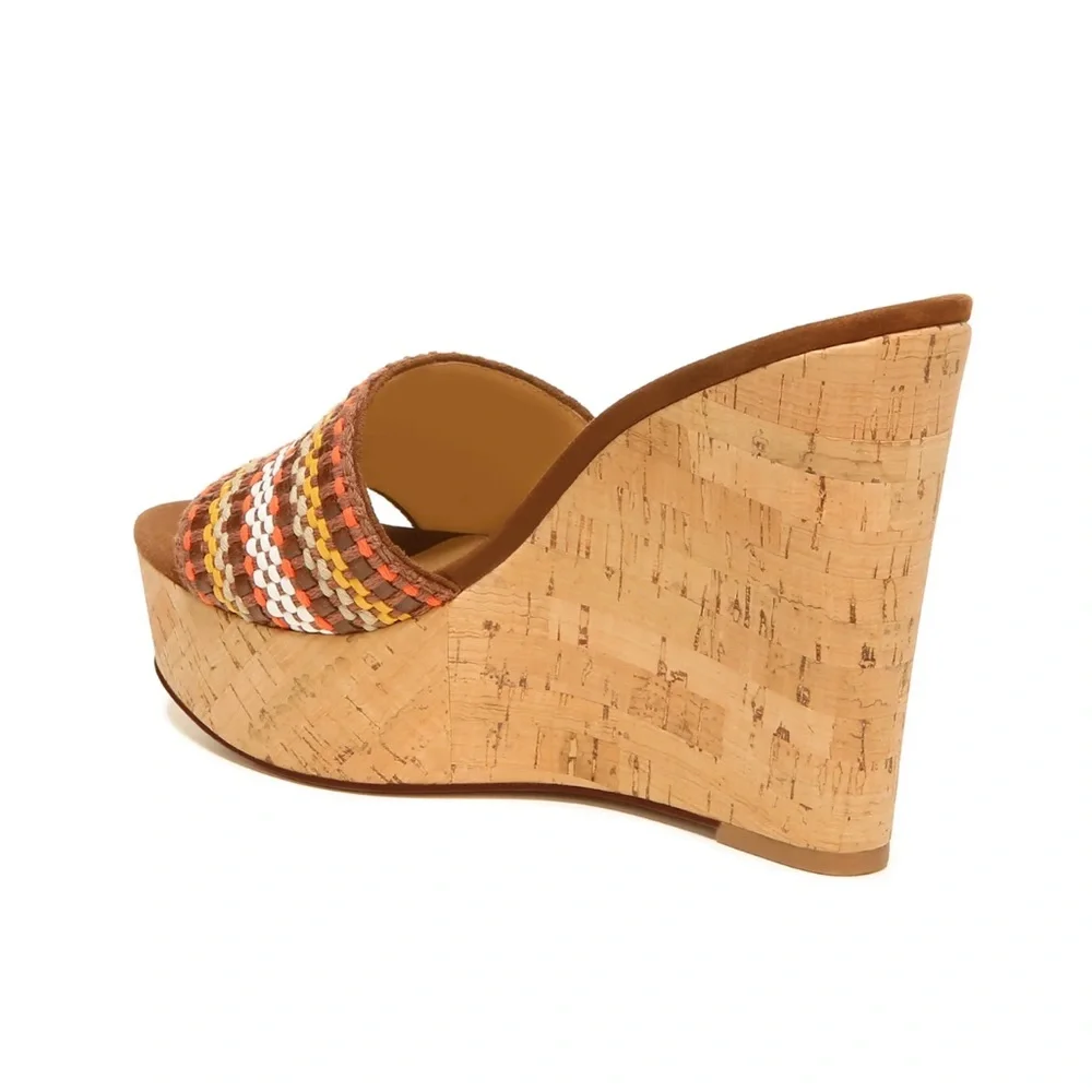 Veronica Beard Dali Multi Woven Raffia Cork Wedge Slide Sandals Brown Tan 9 NIB